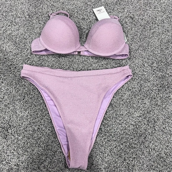 NWT! Sunday Brunch 2 Piece Bikini Shimmer Padded Underwired Pink Swimsuit Medium - Picture 1 of 8
